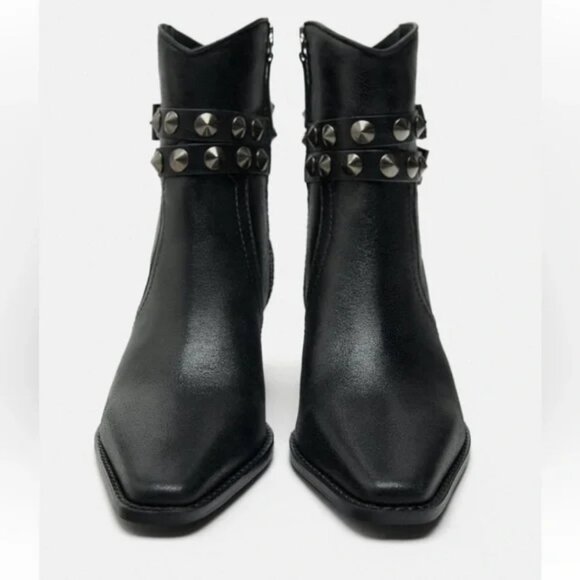 Zara Studded Black Leather Cowboy Ankle Boots - Picture 3 of 10